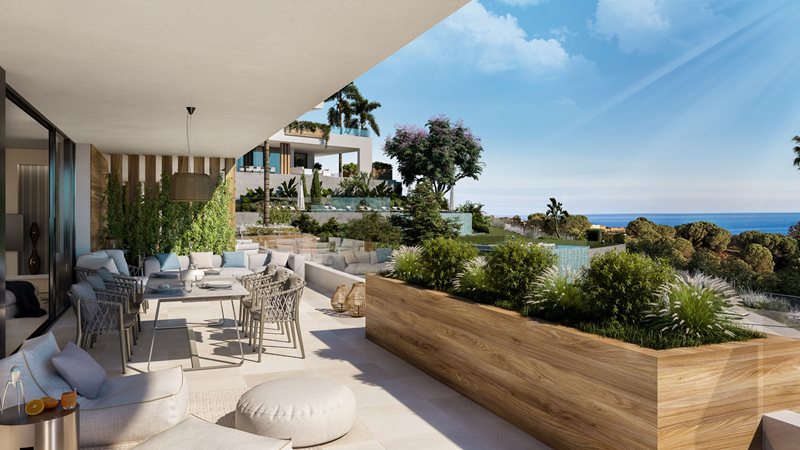 Design Gartenwohnung mit Meerblick in Golf- und Strandnähe